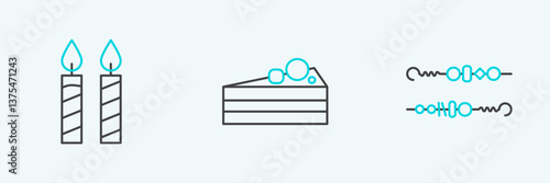 Set line Grilled shish kebab, Birthday cake candles and Cake icon. Vector