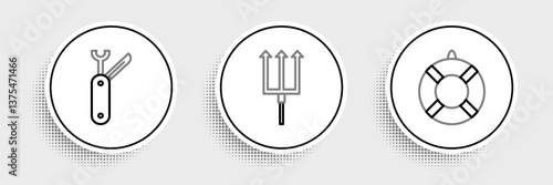 Set line Lifebuoy, Swiss army knife and Neptune Trident icon. Vector