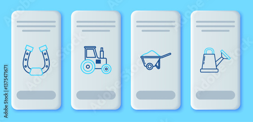 Set line Tractor, Wheelbarrow with dirt, Horseshoe and Watering can icon. Vector