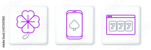 Set line Online slot machine with lucky sevens jackpot, Four leaf clover and poker table game icon. Vector