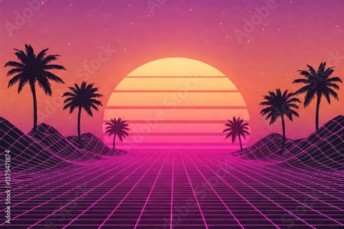 A retro-style sunset illustration with a large, glowing sun, palm tree silhouettes, and a grid or wireframe horizon.

