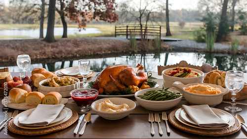 Thanksgiving feast with roasted turkey sides and bread outdoor setting