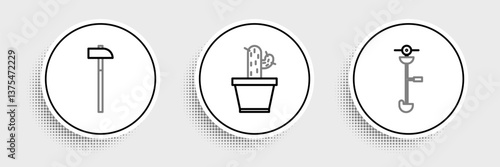 Set line Grass and weed electric string trimmer, Hammer and Cactus succulent pot icon. Vector