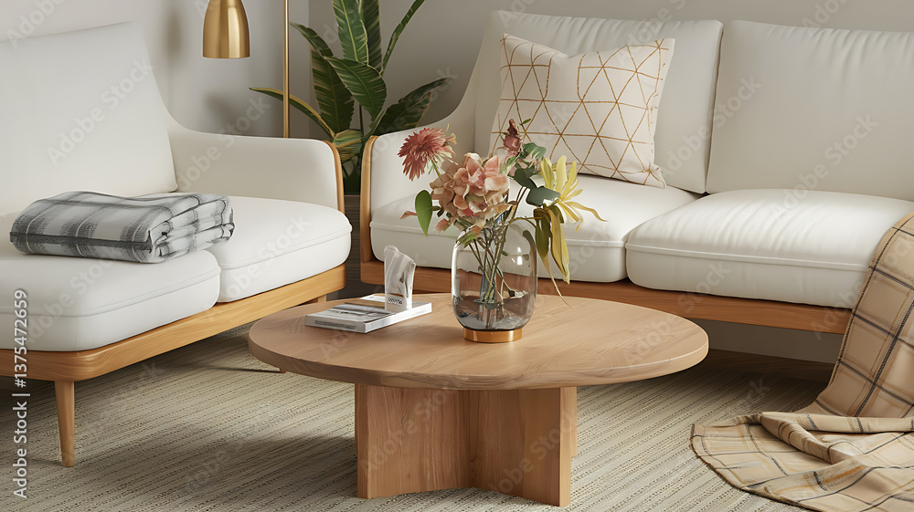 Fototapeta premium Cozy living room scene neutral tones modern coffee table