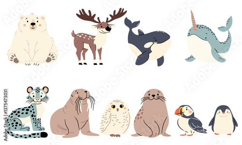 Vector set of flat vector illustrations in a simple children's style. Cute animals of the north pole. Polar bear walrus walrus penguin snow leopard seal orca polar owl narwhal. Vector illustration