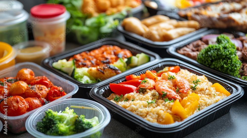 Assortment of prepared meals in plastic containers featuring various proteins and fresh vegetables Assortment of prepared meals in plastic containers featuring various proteins and fresh vegetables
