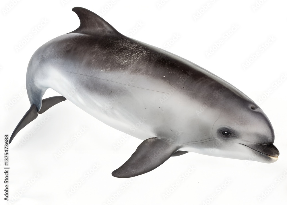 Fototapeta premium A detailed Vaquita isolated on a white background, showcasing its sleek form and friendly expression.
