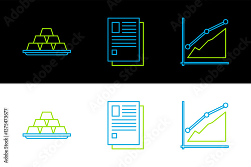 Set line Pie chart infographic, Gold bars and File document icon. Vector