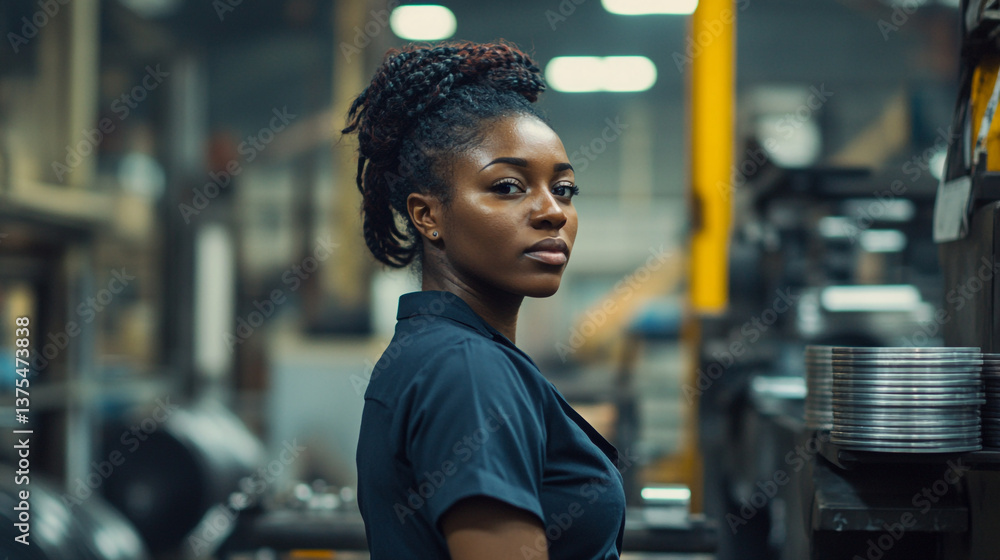 Portrait of a woman in a factory setting looking over her shoulder with a serious expression Portrait of a woman in a factory setting looking over her shoulder with a serious expression