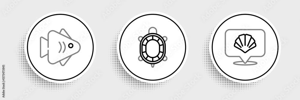 Fototapeta premium Set line Scallop sea shell, Fish and Turtle icon. Vector