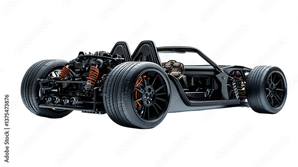 A low angle shot of a black open wheel race car chassis with visible engine and suspension parts A low angle shot of a black open wheel race car chassis with visible engine and suspension parts