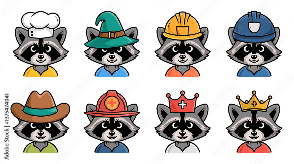 Obraz premium Cute raccoon characters in various professions Cartoon animal avatars