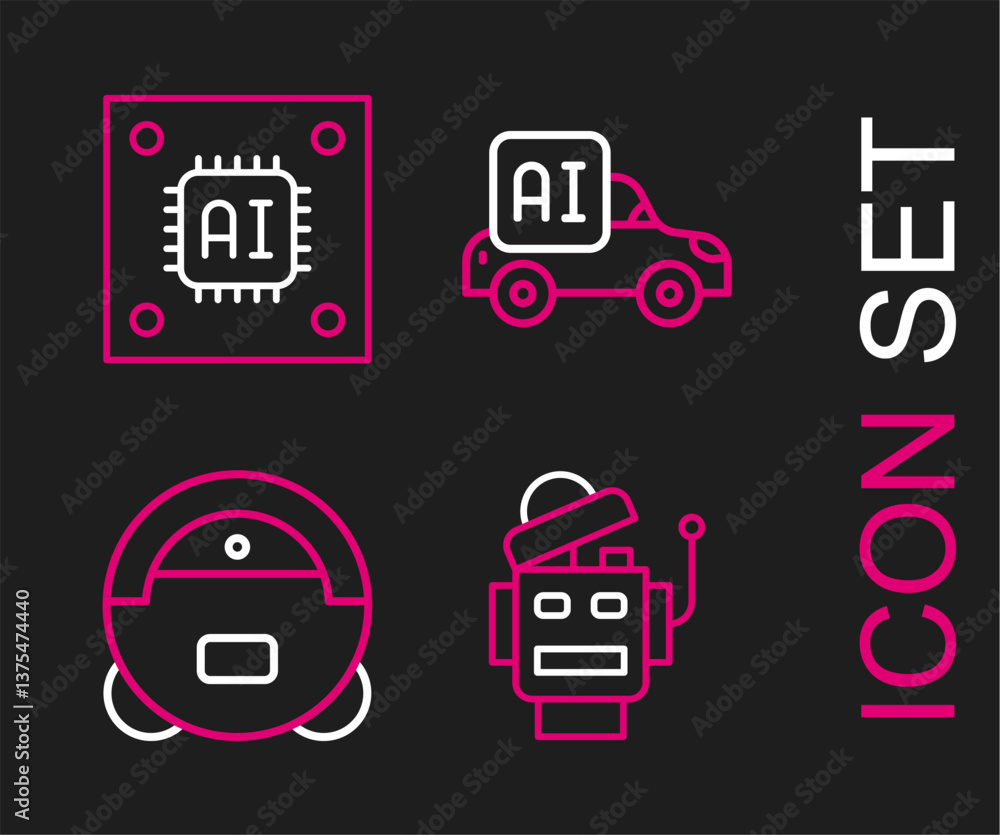 Set line Robot, vacuum cleaner, Autonomous smart car and Processor with microcircuits CPU icon. Vector Set line Robot, vacuum cleaner, Autonomous smart car and Processor with microcircuits CPU icon. Vector