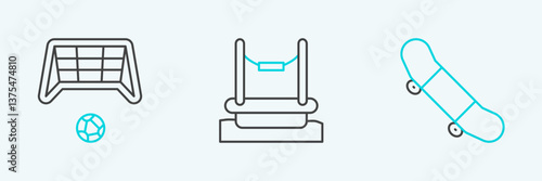 Set line Skateboard trick, Soccer goal with ball and Bungee icon. Vector