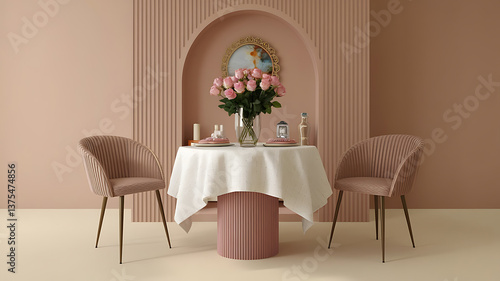 Elegant romantic dining setting Soft pinks and beige Modern stylish chairs and table