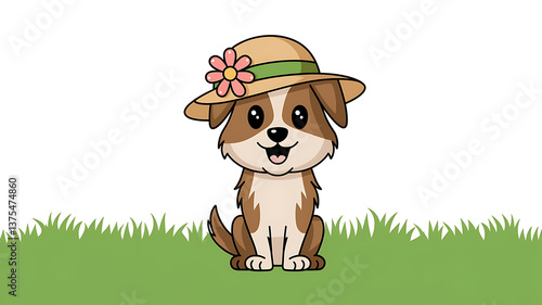 Cute cartoon dog wearing a straw hat sitting in grass Springtime pet illustration