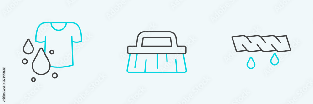 Obraz premium Set line Squeeze clothes, Dirty t-shirt and Brush for cleaning icon. Vector