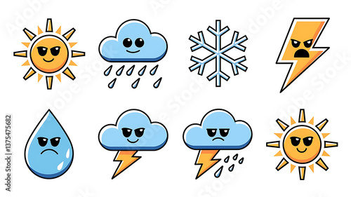 Cute weather icons cartoon sun cloud rain snowflake lightning Whimsical weather graphics