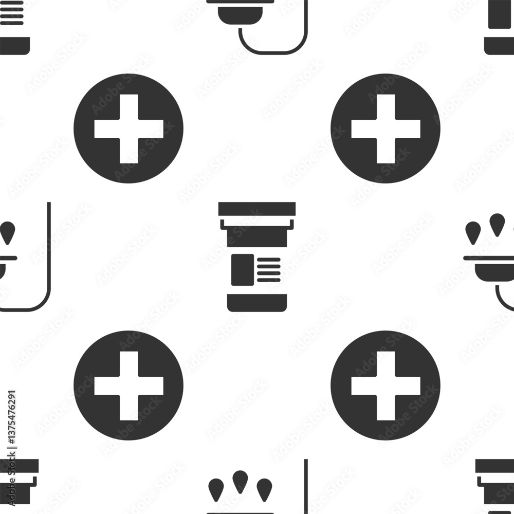 Obraz premium Set Shower head, Medicine bottle and Cross hospital medical on seamless pattern. Vector