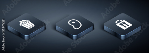Set Isometric Popcorn in box, Online ordering and delivery and Steak meat icon. Vector