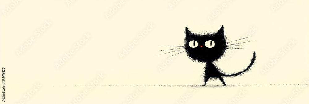 A cute black cat in a dancing pose, illustrated in minimal monochrome style on a white background,