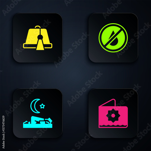Set Octagonal star, Turkish hat, Muslim man prays and No water. Black square button. Vector