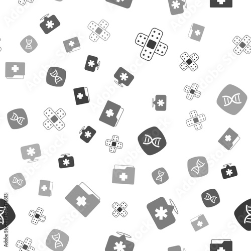 Set Crossed bandage plaster, Location hospital, DNA symbol and Patient record on seamless pattern. Vector