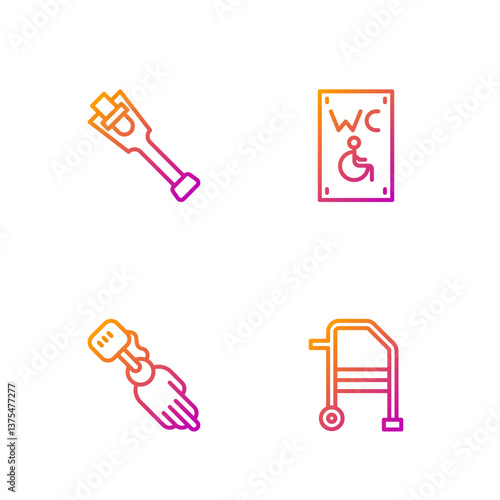 Set line Walker, Prosthesis hand, leg and Separated toilet for disabled. Gradient color icons. Vector