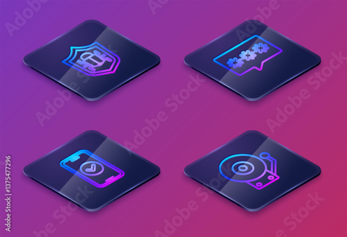 Set Isometric line System bug, Smartphone, Password protection and Ringing alarm bell. Blue square button. Vector