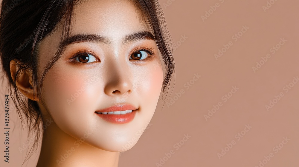 An exquisite close-up portrait of a young woman showcasing her radiant smile and enchanting features, illuminated by natural light against a soft, warm background. An exquisite close-up portrait of a young woman showcasing her radiant smile and enchanting features, illuminated by natural light against a soft, warm background.
