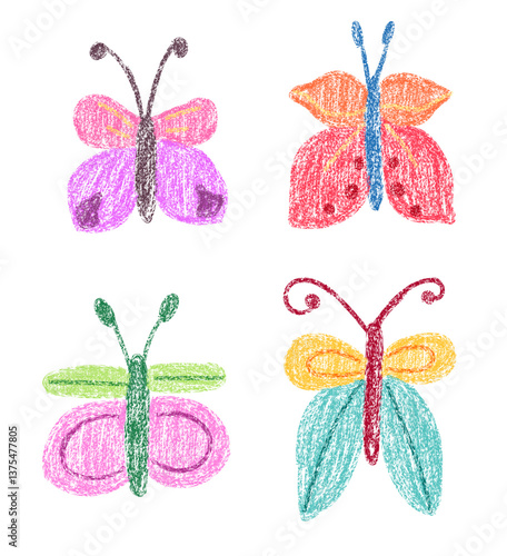 Set of cute childlike butterfly drawing with crayon or chalk texture