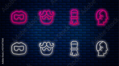 Set line Mustache and beard, Shaving brush, and Baldness. Glowing neon icon on brick wall. Vector
