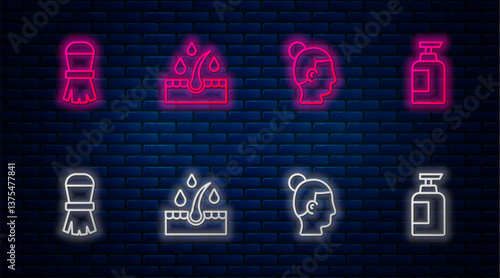 Set line Oil for hair care treatment, Hairstyle, Shaving brush and Bottle of shampoo. Glowing neon icon on brick wall. Vector