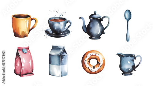 Watercolor illustration of coffee tea-themed breakfast items