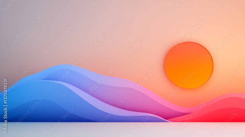 Fototapeta premium A minimalist 3D scene with a stylized retro wave in soft gradients, complemented by a glowing glass
