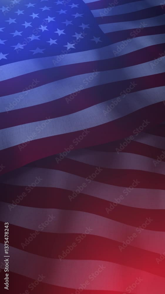 American Flags With Red And Blue Light Flares On Vertical Copy Space Background Loop American Flags With Red And Blue Light Flares On Vertical Copy Space Background Loop
