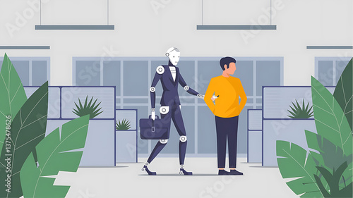 Modern office scene with robot and human