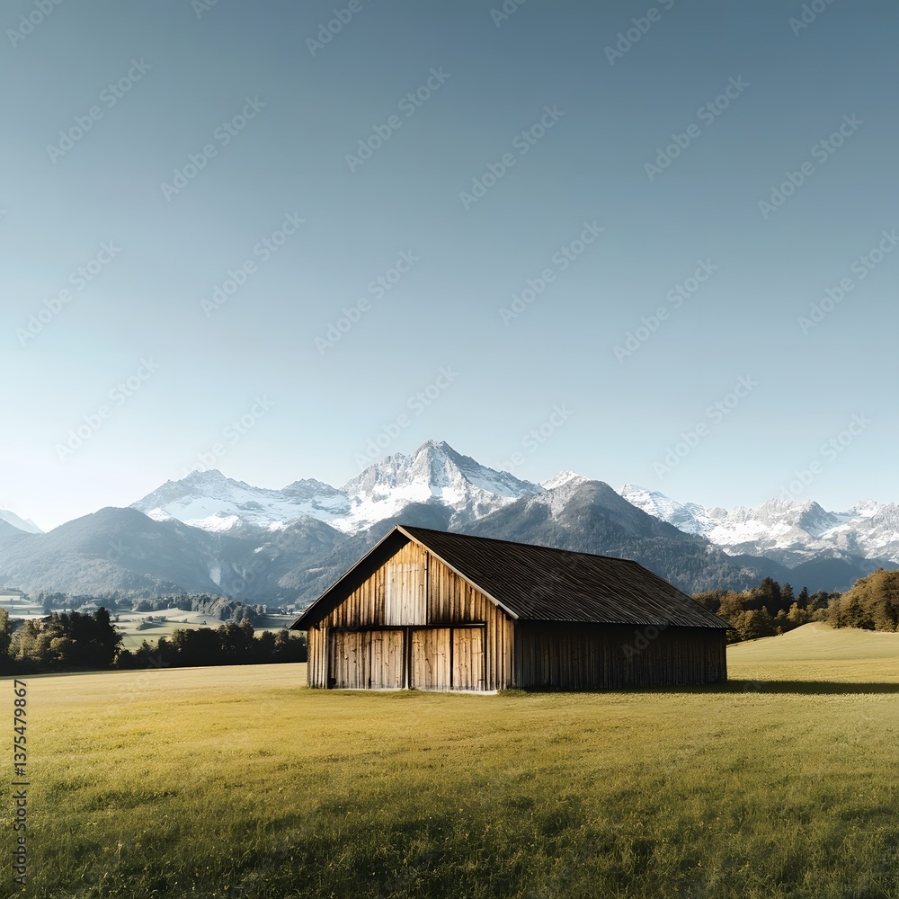 A serene and picturesque wooden barn with a pitched roof nestled in a grassy field with a backdrop of snow capped mountains under a clear blue sky and contemporary cinematic lighting A serene and picturesque wooden barn with a pitched roof nestled in a grassy field with a backdrop of snow capped mountains under a clear blue sky and contemporary cinematic lighting