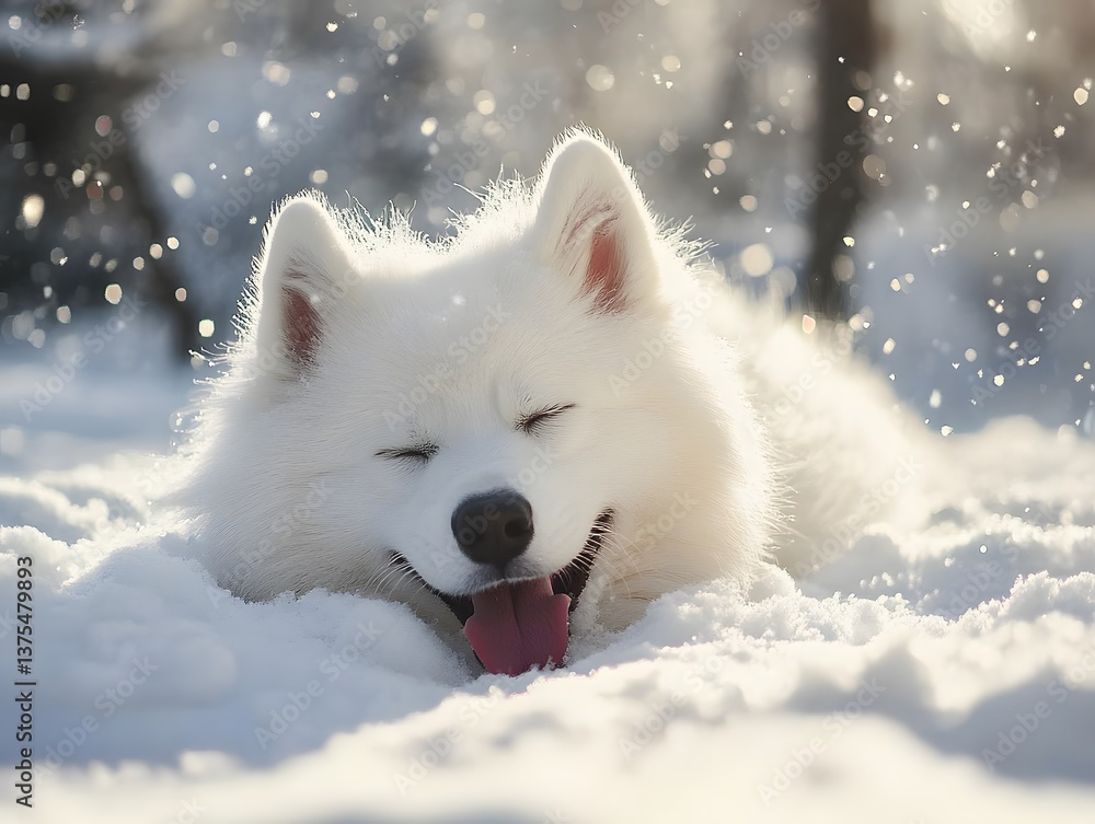 48. A Samoyed happily lying in the snow 48. A Samoyed happily lying in the snow