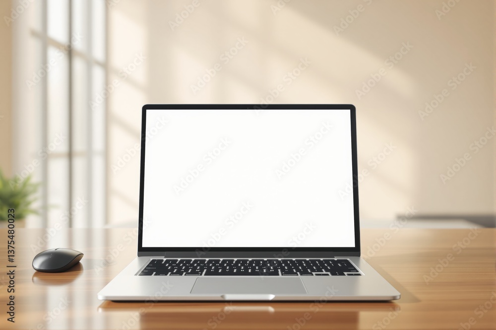 Laptop with blank screen on wooden desk in bright room. Laptop with blank screen on wooden desk in bright room.