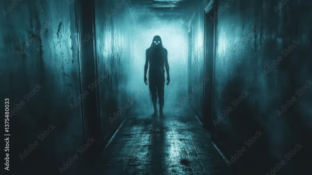 Mysterious silhouette in dark foggy hallway Mysterious silhouette in dark foggy hallway