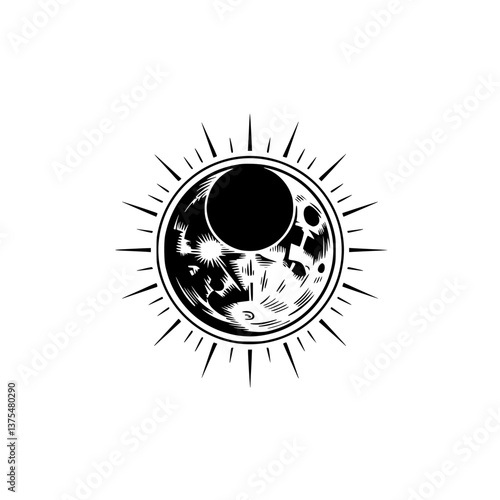 Celestial Eclipse: Black & White Engraved Illustration