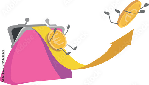 Euro exchange rate growth, European currency, vector illustration gold coins, wallet. Profitable investment of money, accumulation on account, economic growth