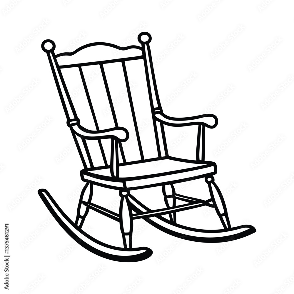 Line art drawing of a classic wooden rocking chair with carved armrests and a curved base vector illustration.eps Line art drawing of a classic wooden rocking chair with carved armrests and a curved base vector illustration.eps
