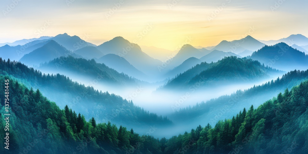Obraz premium Misty Mountain Valley at Sunrise with Forested Peaks