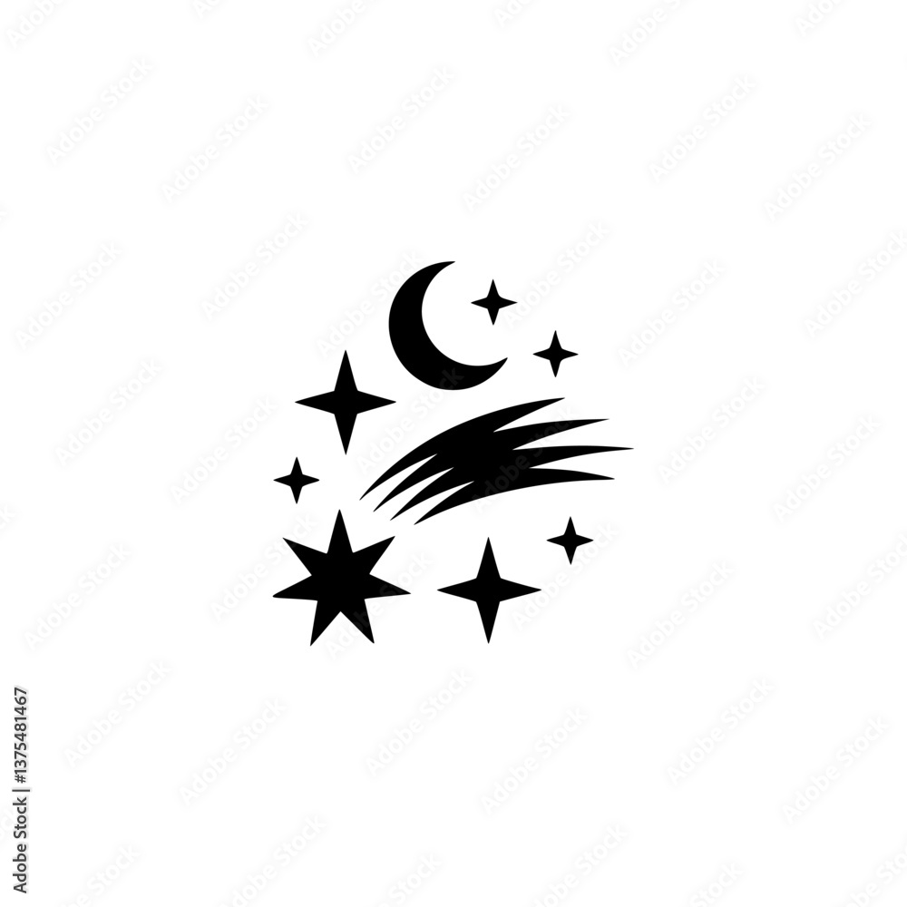 Night Sky Icon: Crescent Moon, Stars, and Comet Silhouette Night Sky Icon: Crescent Moon, Stars, and Comet Silhouette