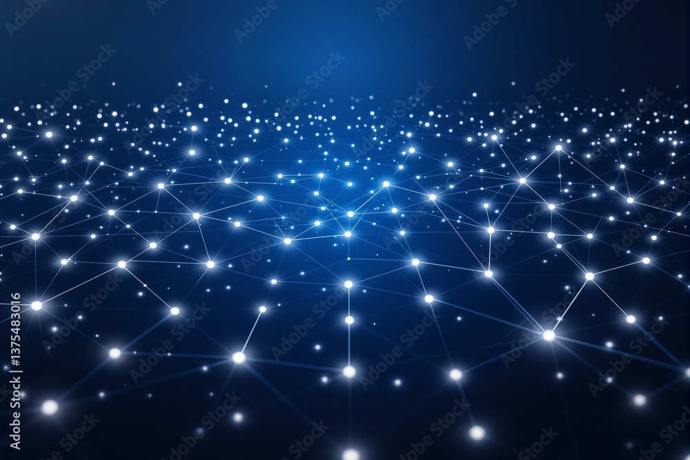 Abstract digital network with glowing nodes and connections on a deep blue background. Abstract digital network with glowing nodes and connections on a deep blue background.