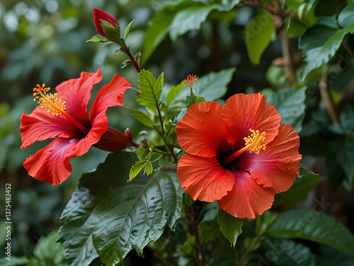 Red coloured joba ful , jhumko joba, Hibiscus Rosa Sinensis, at her home garden. 