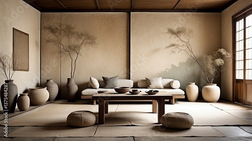 Serene wabi sabi living room interior featuring a stylish table and elegant vases creating a relaxed atmosphere