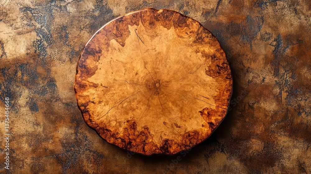 Rustic Wooden Round Cutting Board on Brown Textured Background Rustic Wooden Round Cutting Board on Brown Textured Background